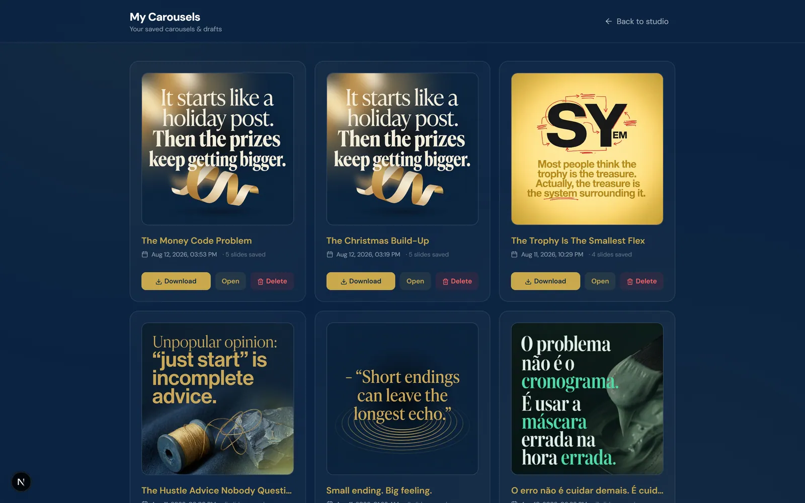 The saved carousels library listing past projects as cards, each showing thumbnails of its AI-designed slides
