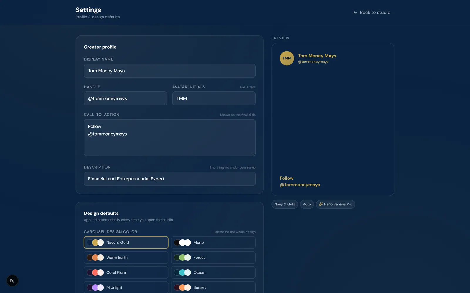 The settings screen with creator profile fields, default palette and font controls, and a live preview of a slide rendered in those defaults