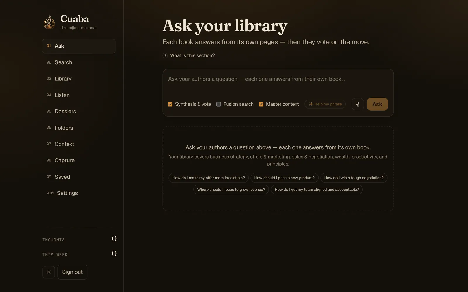 The Cuaba workspace open on the Ask module, where a question is put to a shelf of books that each answer from their own pages