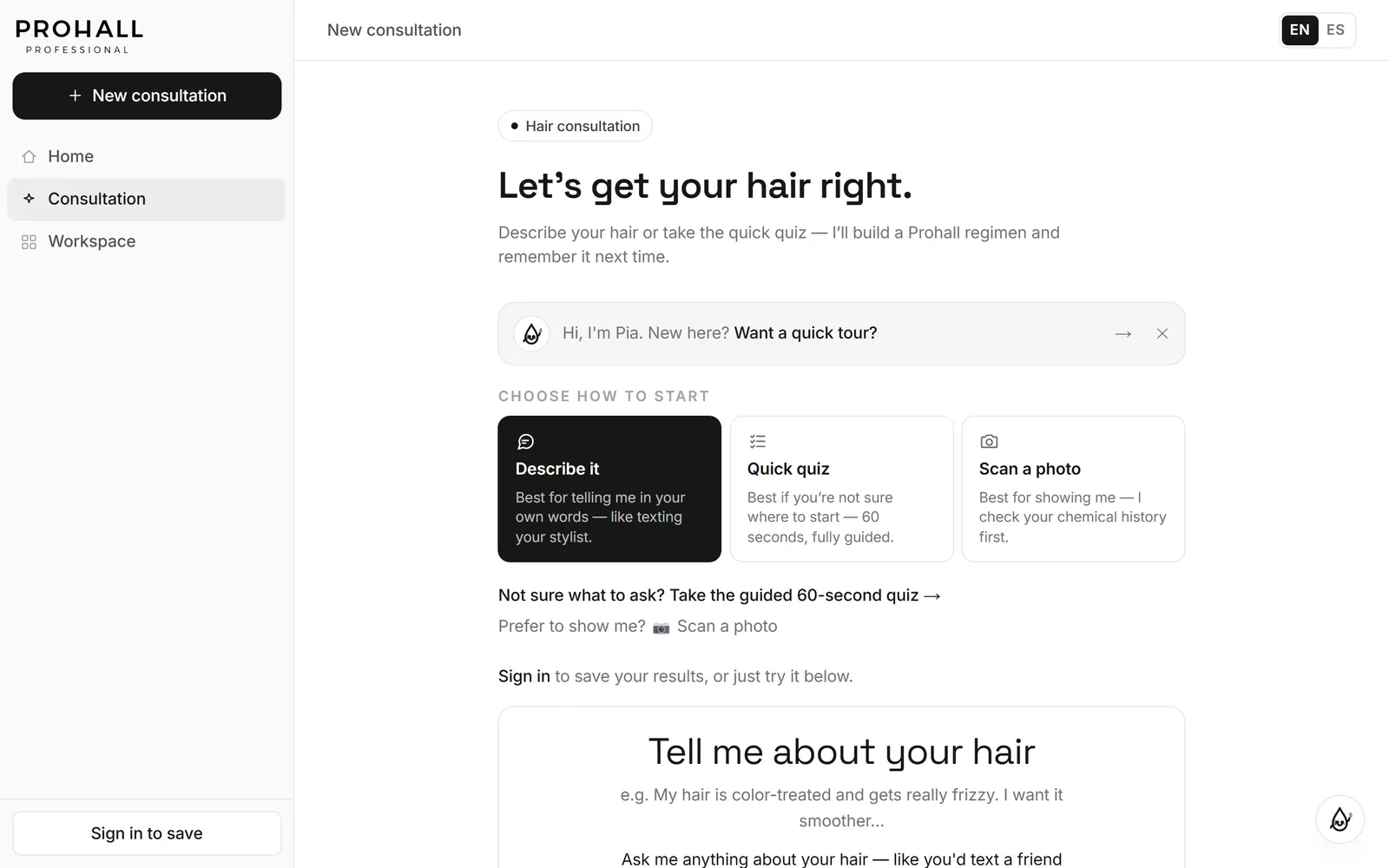 Consultation entry screen offering three ways to start: describe it, take a quick quiz, or scan a photo