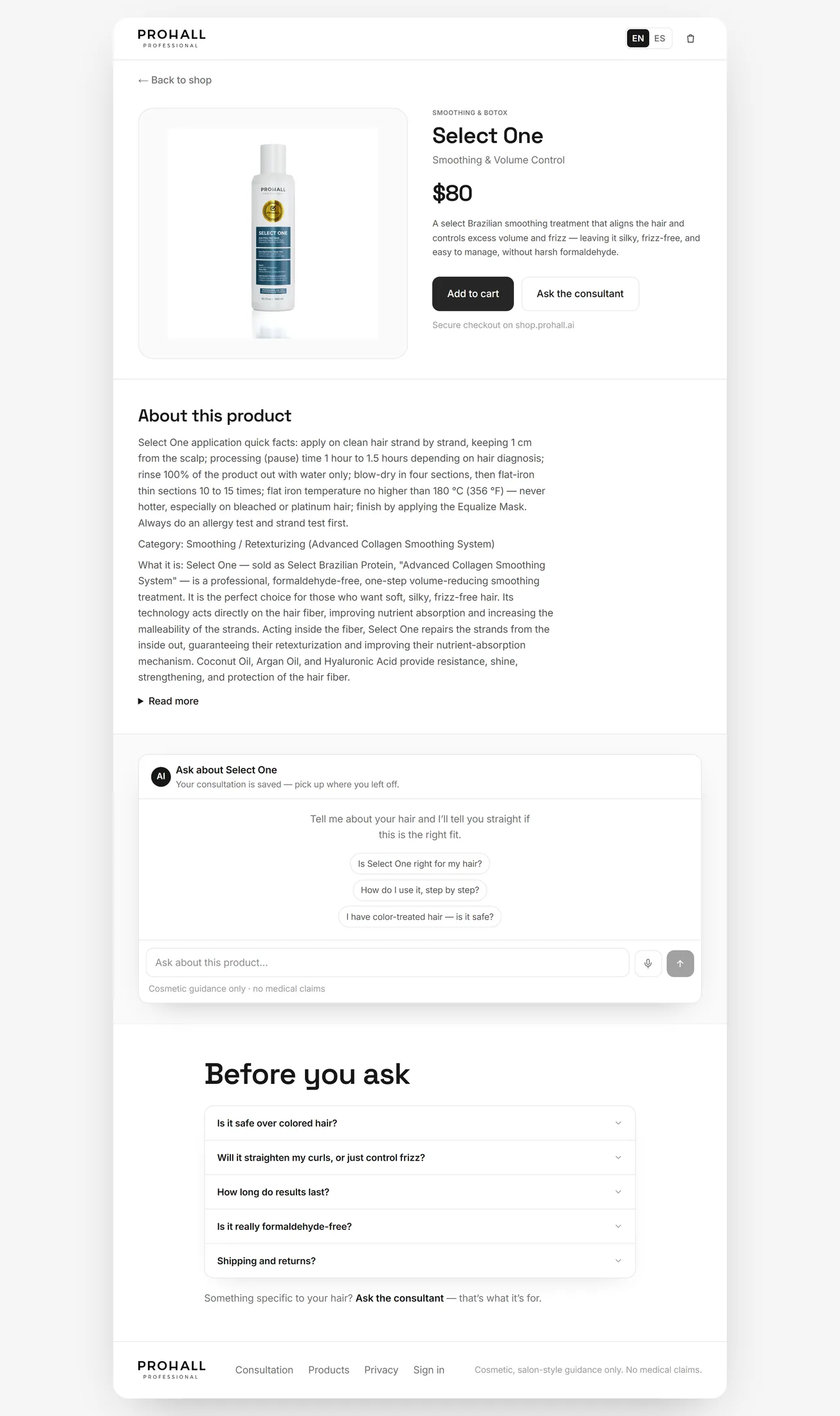 Product detail page for a Prohall treatment with a route back into the consultant to ask whether it suits a particular hair type