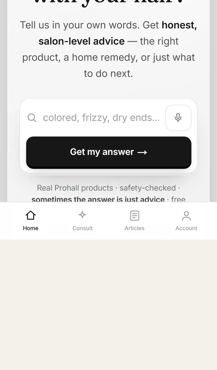 Mobile homepage with a free-text field prompting for a description such as coloured, frizzy or dry ends, a voice button beside it, a Get my answer action and a bottom tab bar