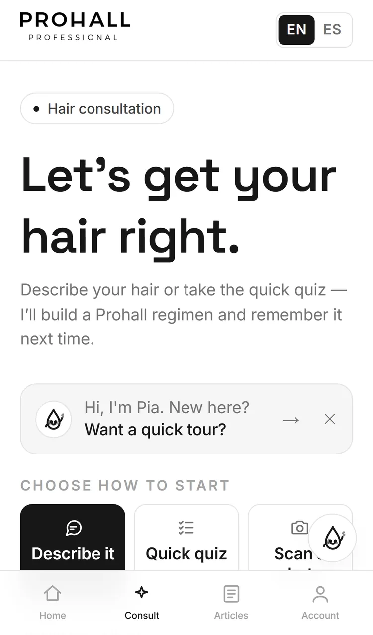 Mobile consultation screen with a language toggle, a quick-tour prompt for first-time visitors and the describe, quiz and scan options stacked for one-handed use