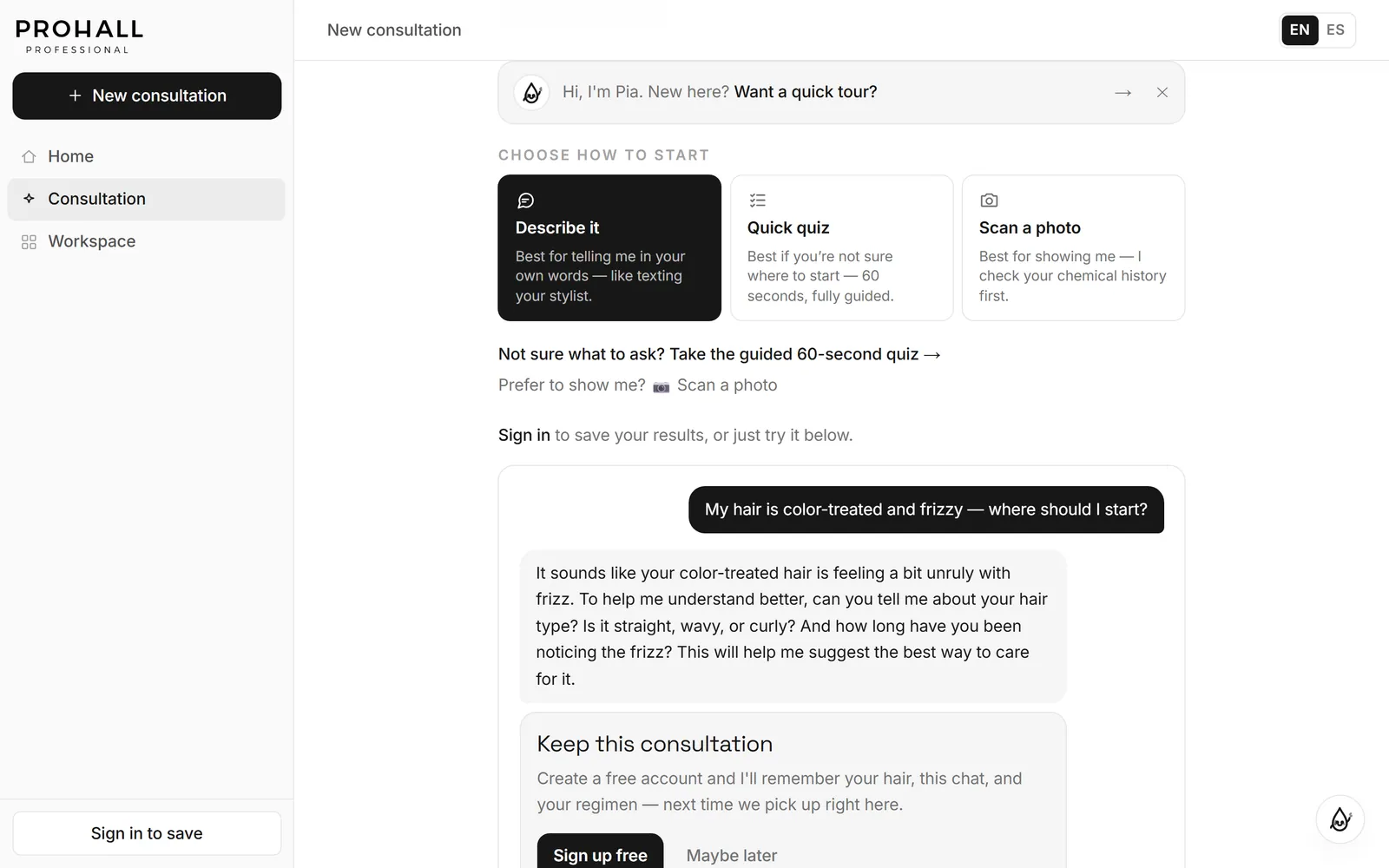 Prohall consultation screen with describe, quiz and scan start options above a thread where the assistant asks about hair type before recommending