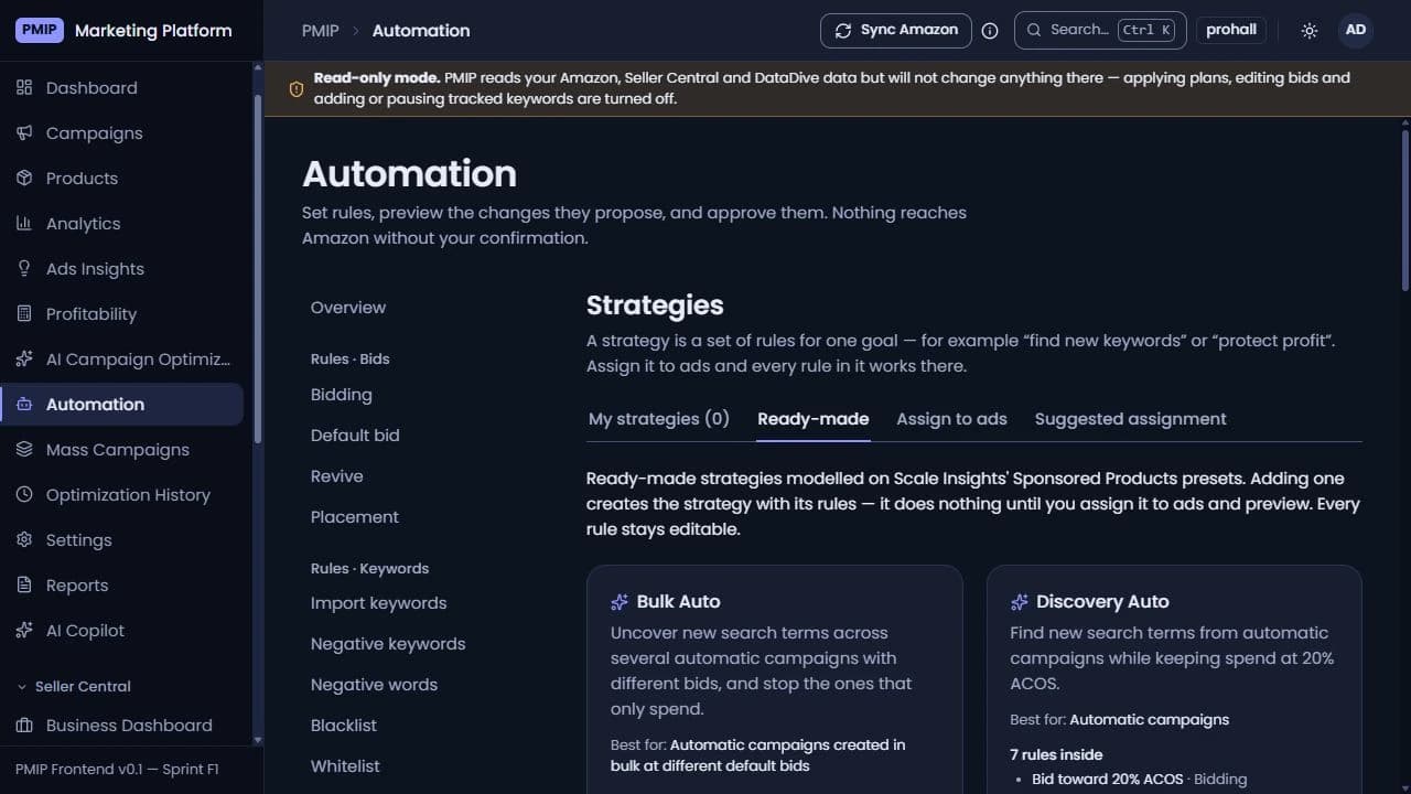 PMIP automation workspace showing its rule and strategy controls in the actual application