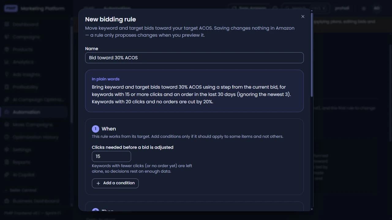 Bidding rule editor with a plain-language explanation, target ACOS and minimum-click conditions
