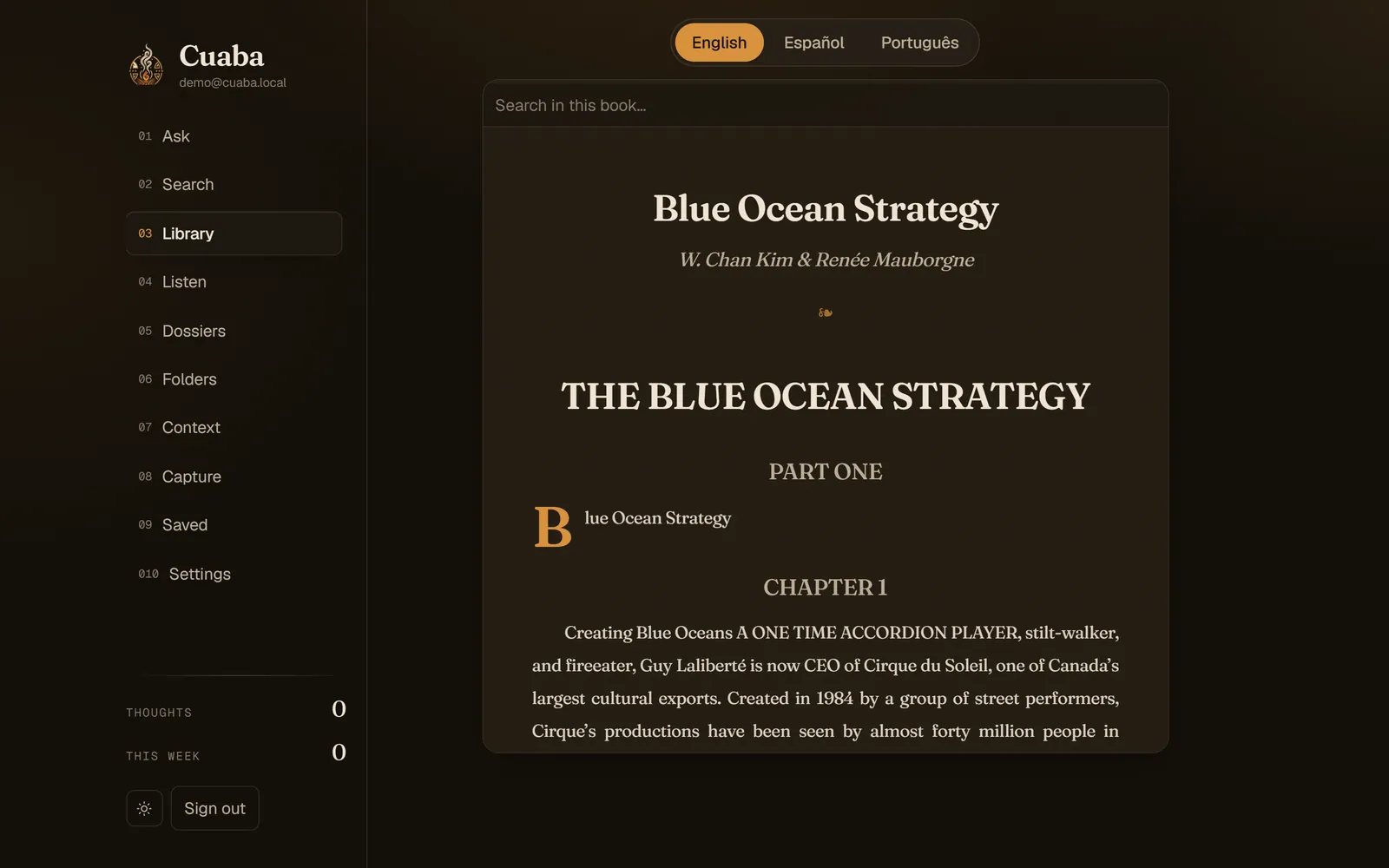 Full-book reader showing a title page, part and chapter headings, a drop cap and justified serif body text with in-book search above