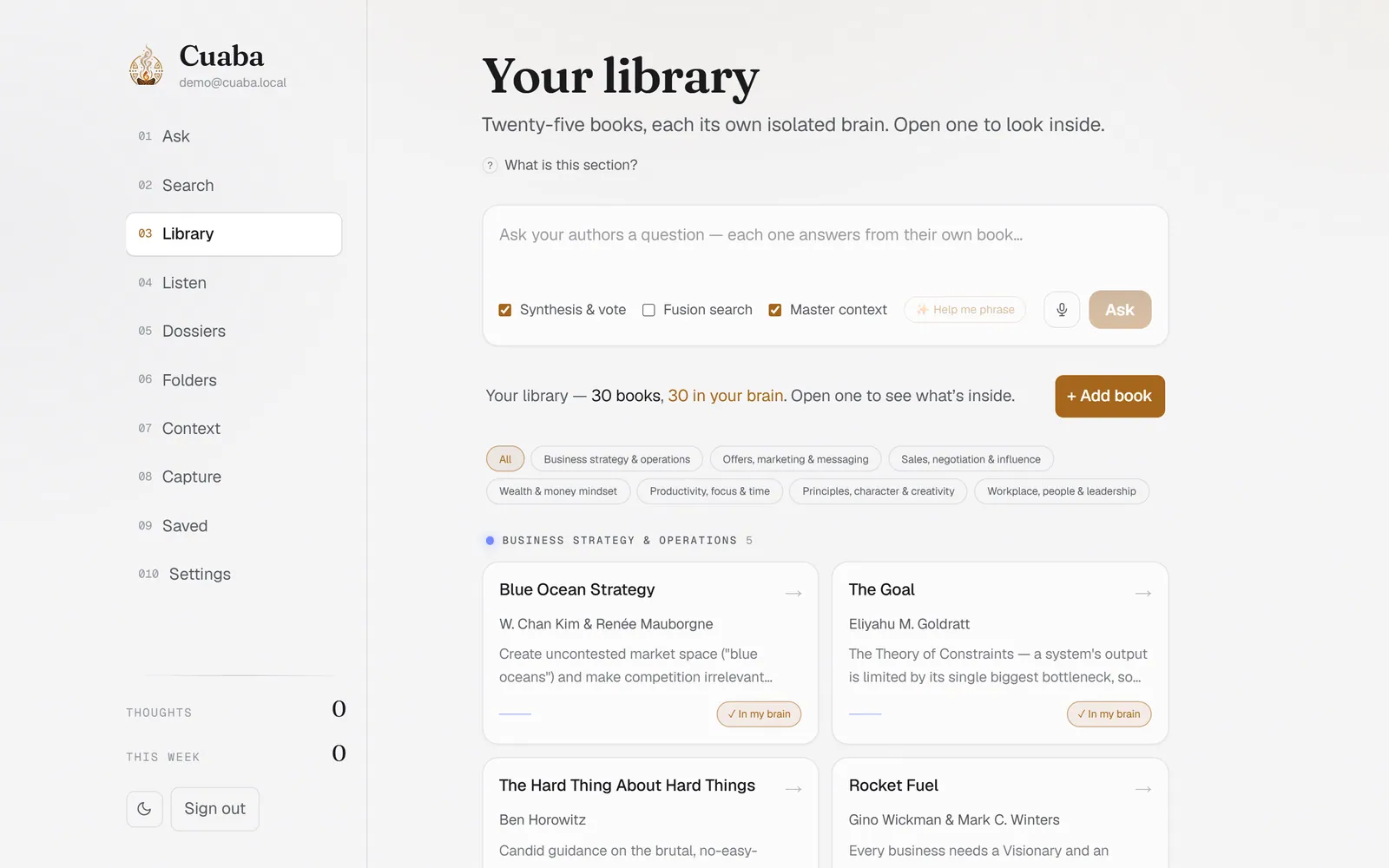 The library in light theme, with the same module rail, category filters and book cards rendered on a warm paper-toned background