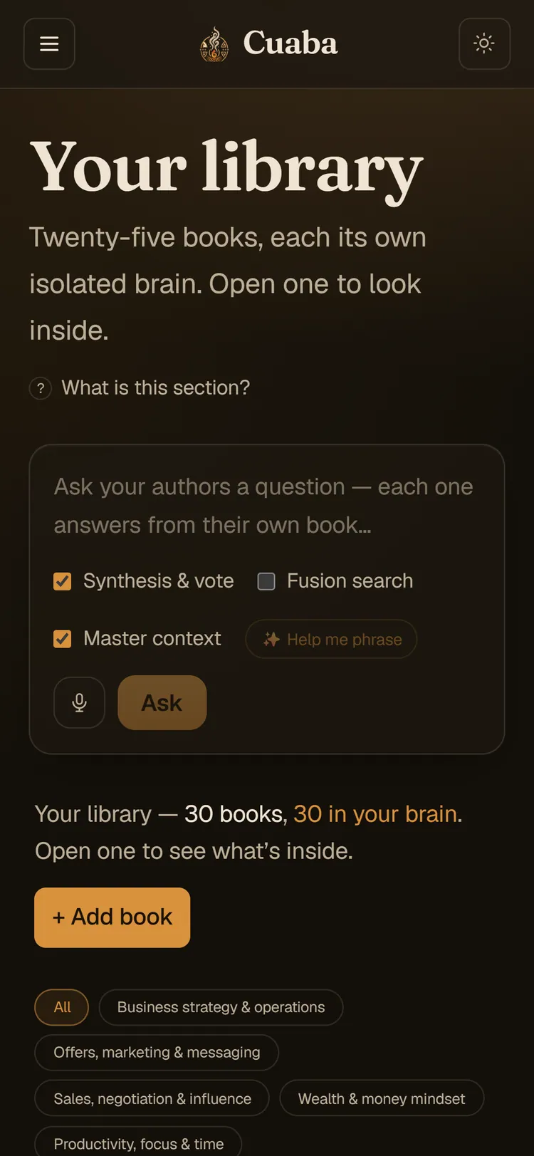 Mobile library view with the book count, an add-book action and category filter chips wrapping across the narrow viewport