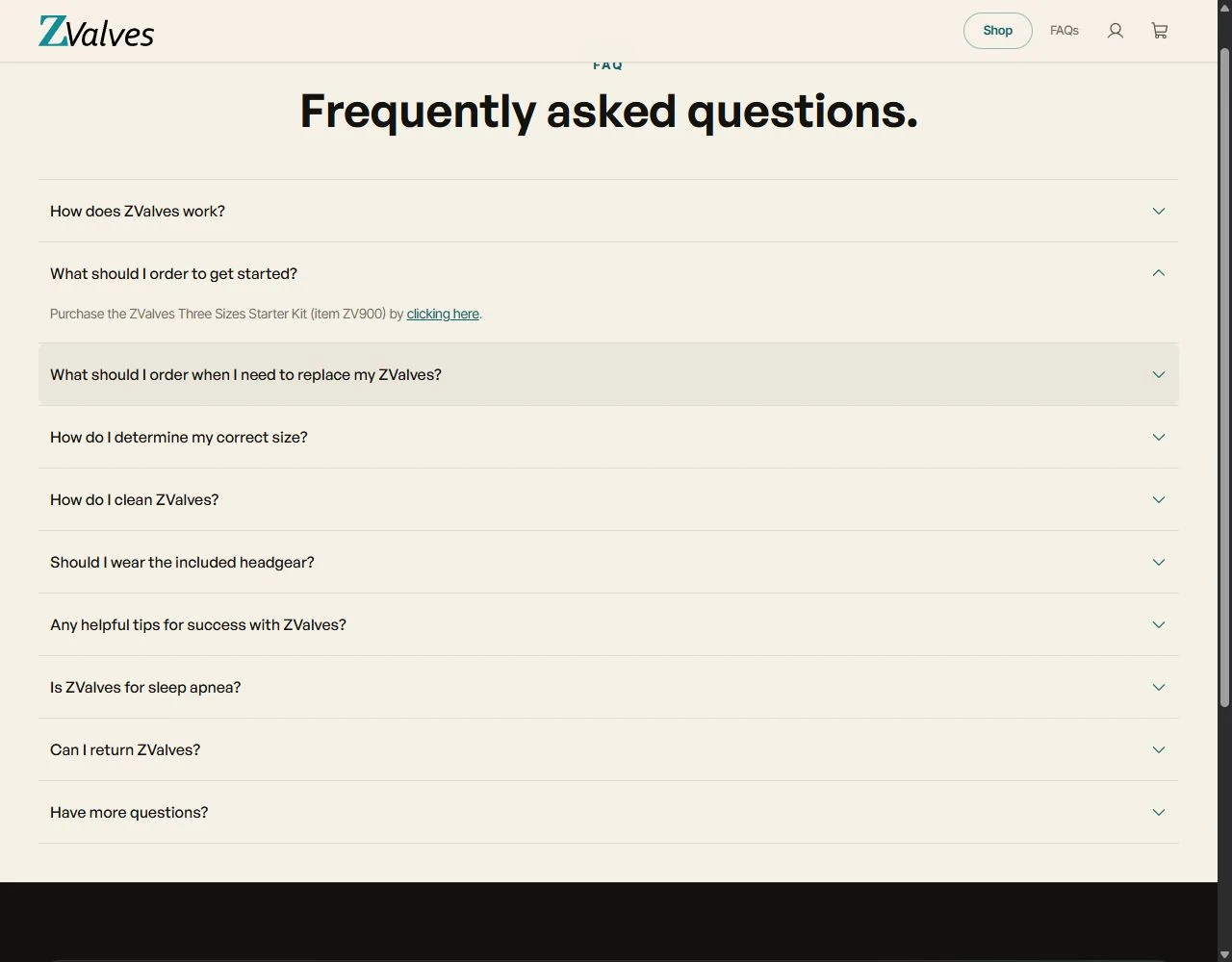 ZValves FAQ accordion with the getting-started answer expanded and a link to the starter kit