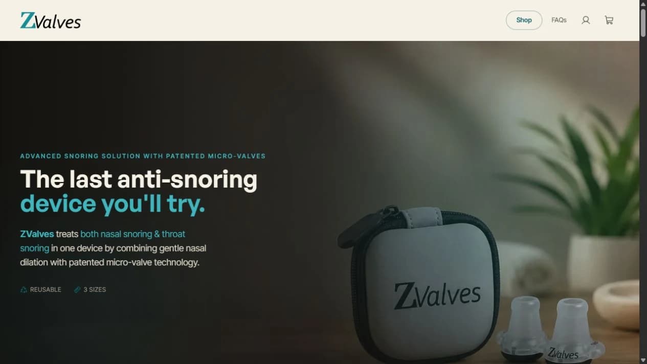 The live ZValves homepage combining a product photograph, brand message, shop navigation and account controls