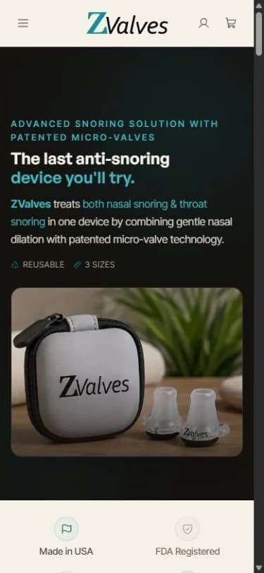 Mobile ZValves homepage with compact navigation, stacked product messaging and a product photograph
