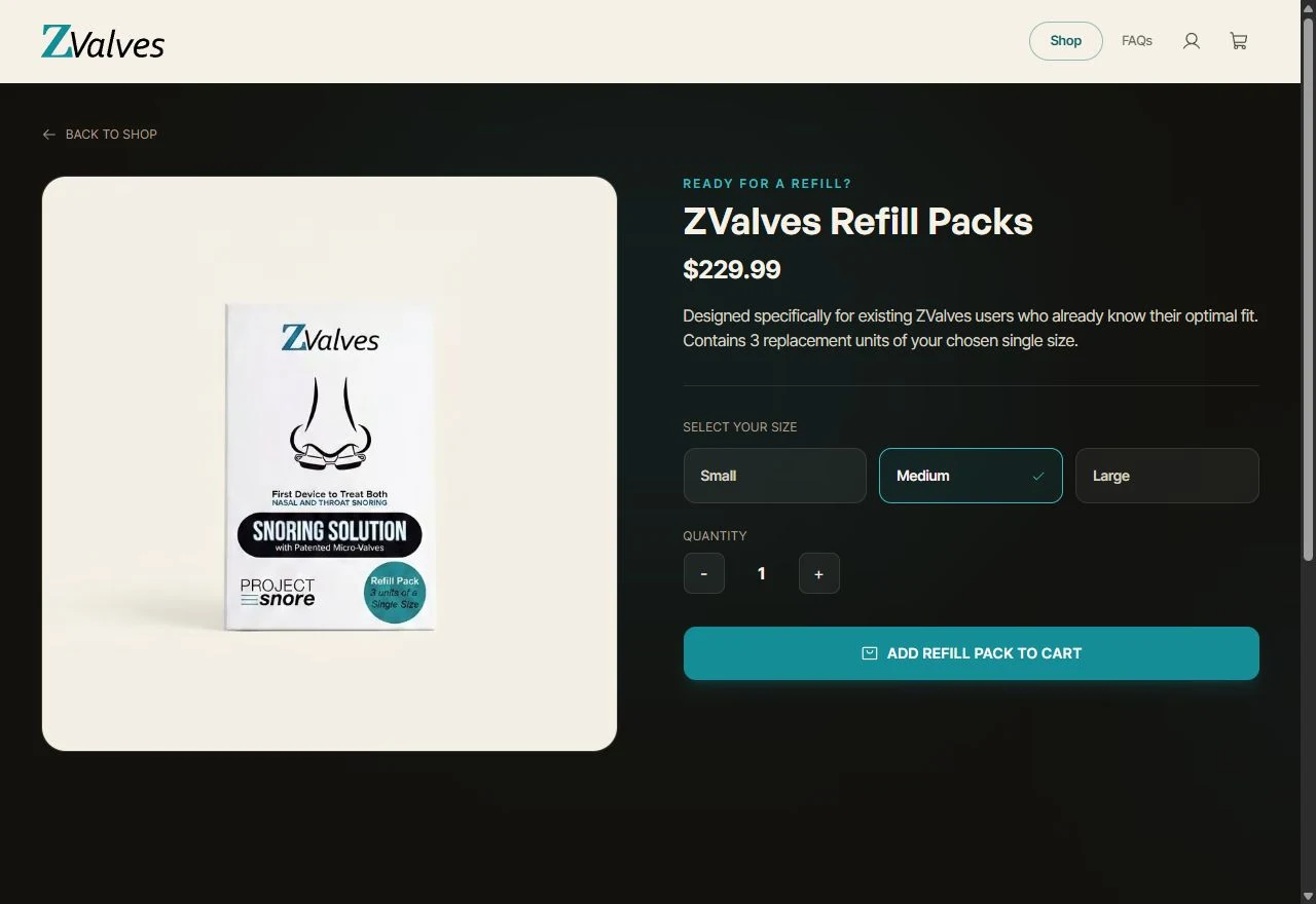 Refill product page with Medium selected, three size choices, quantity controls and an add-to-cart button