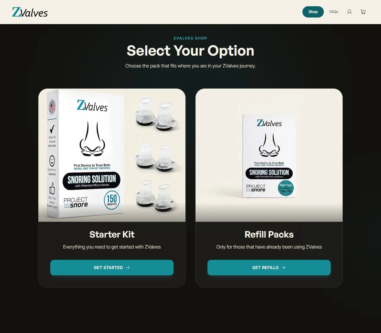ZValves shop with separate starter-kit and refill-pack cards and their product links