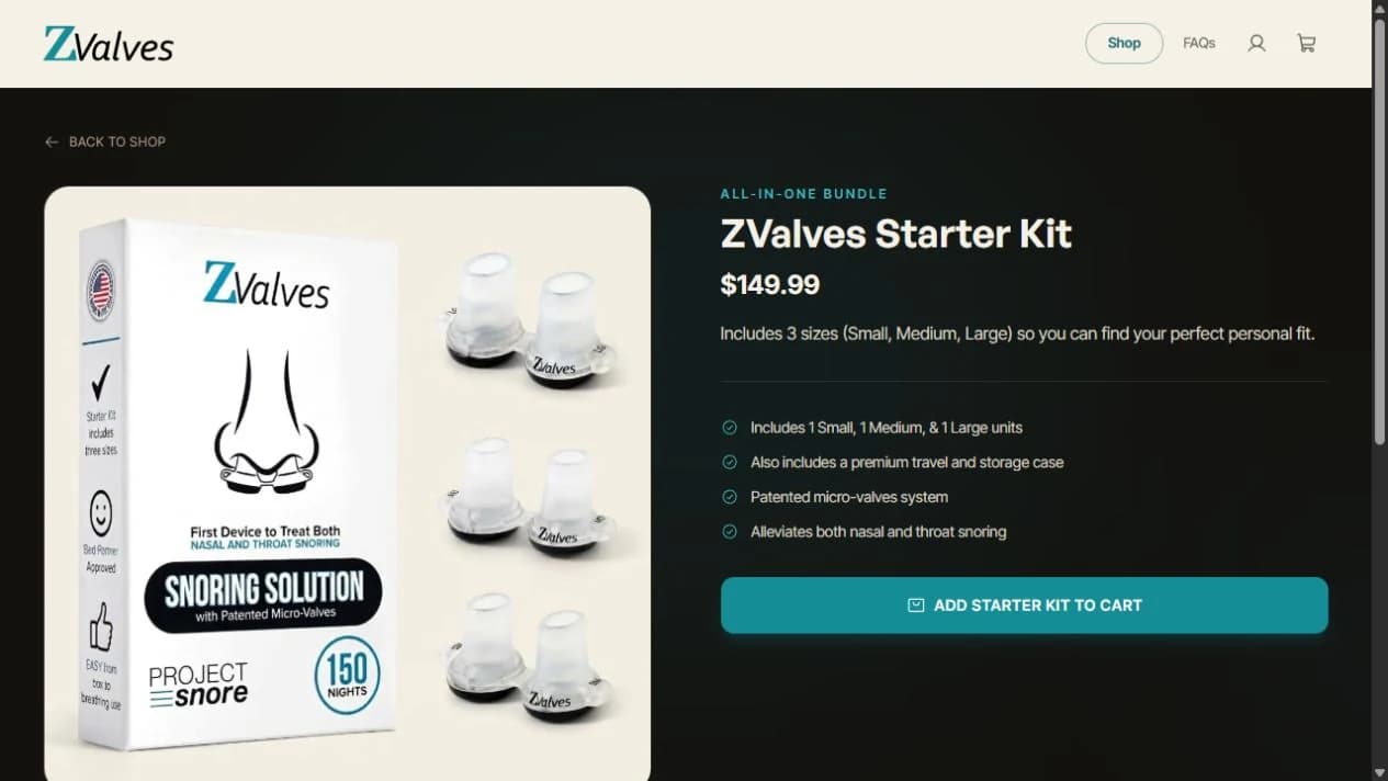 Starter-kit product page showing product photography, included sizes, bundle details and a cart button